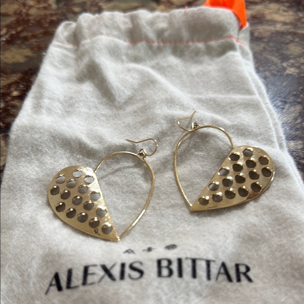 Alexis Bittar Gold Heart Drop Earrings with Studded Detail - Picture 2 of 4